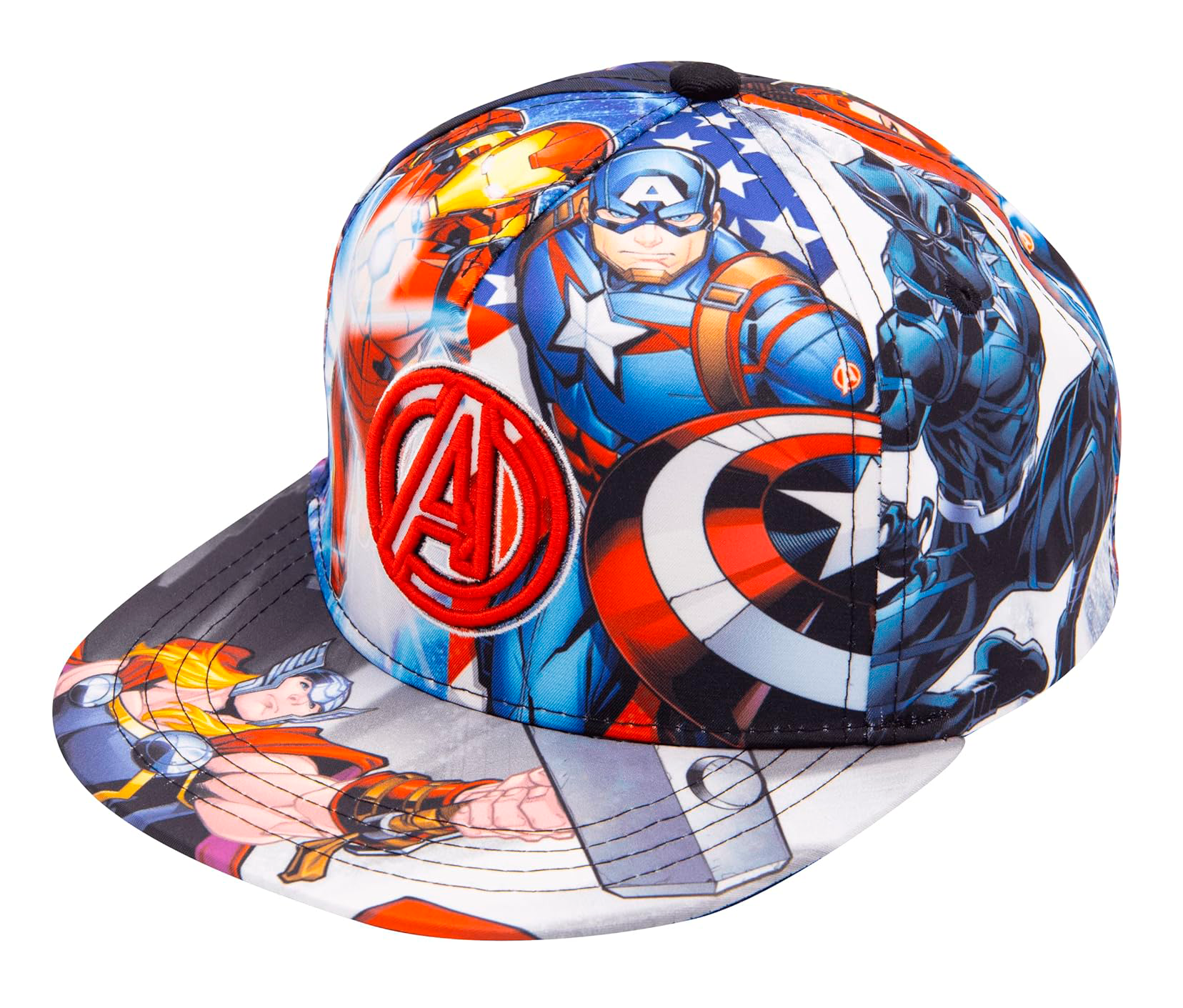 Gorra negra con logo plateado de los Avengers al frente