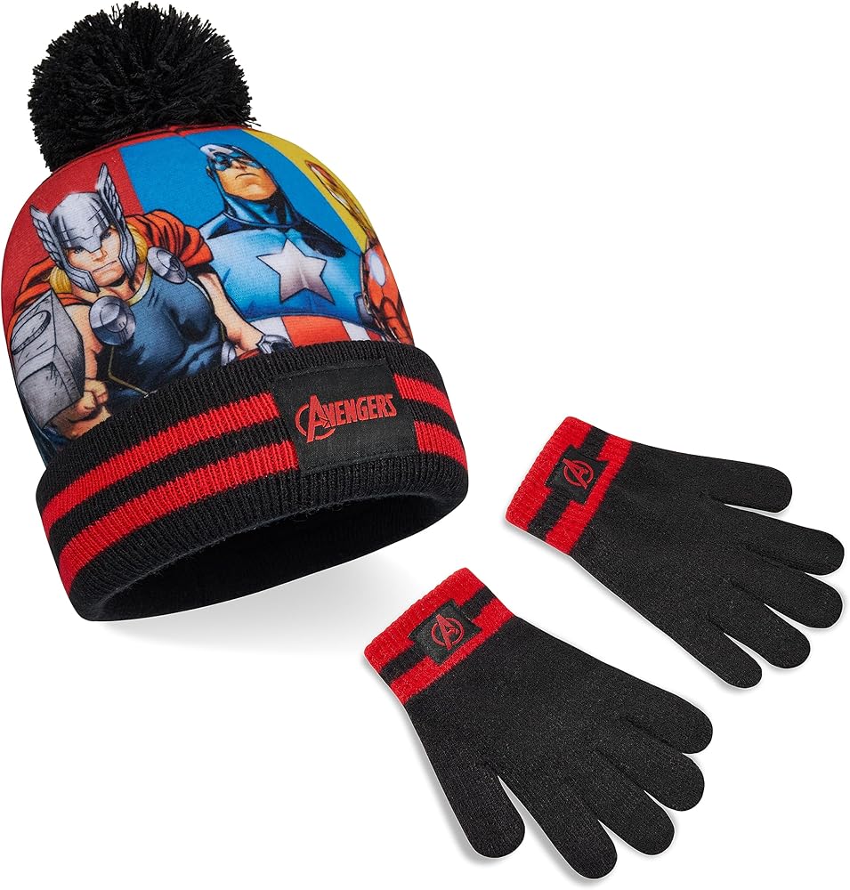 Set de bufanda y gorro de lana negros con bordado de los Avengers